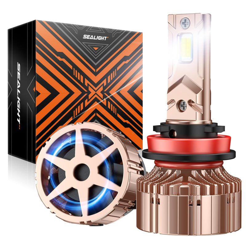 SEALIGHT X6S H11 LED Headlight Bulbs, 9X Brightness Light Bulbs, 6000K Cool White with 25000RPM Cool Fan, 5Mins Plug-N-Play, 10-Year Extended Lifespan IP68 Waterproof, Pack of 2