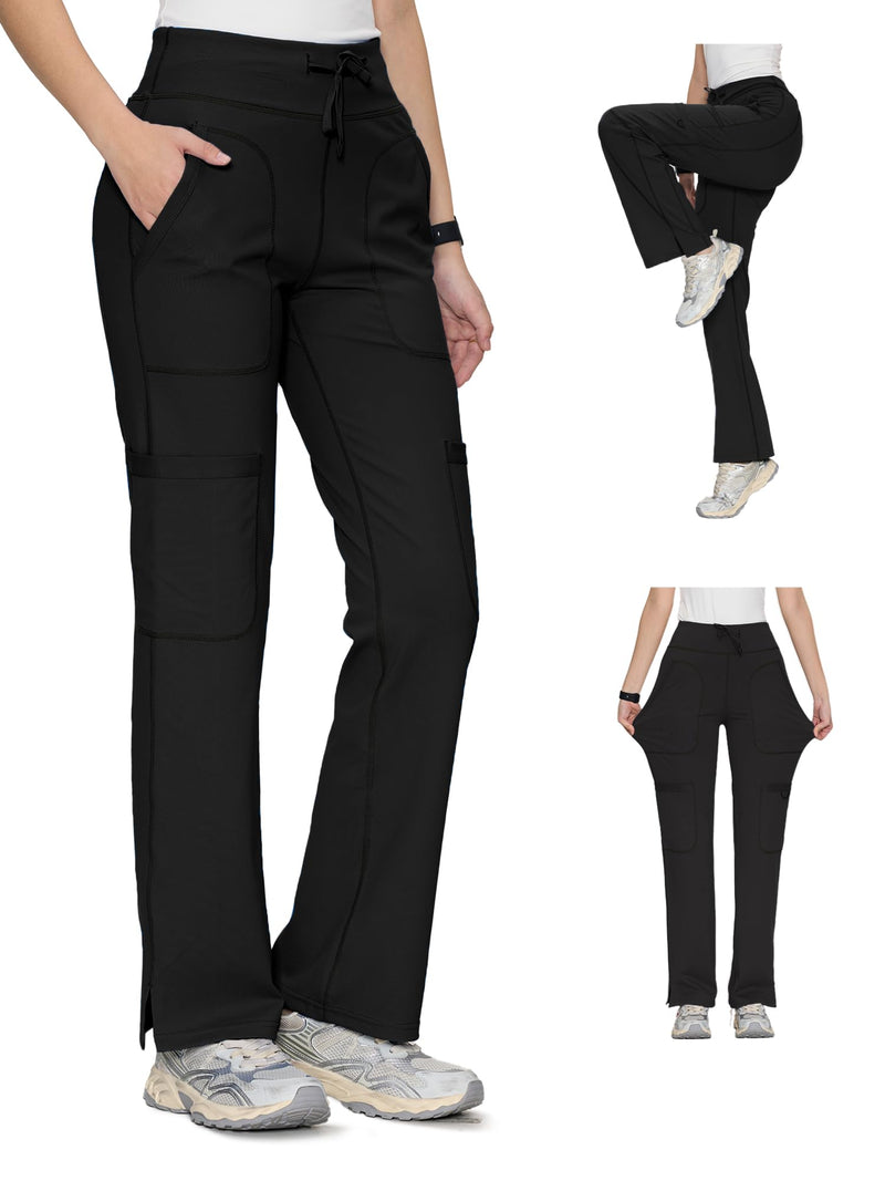 Yoga Scrub Pants for Women Soft Stretch Mid Rise Straight Leg Cargo Bottom with Drawstring,5 Pockets Medium Black