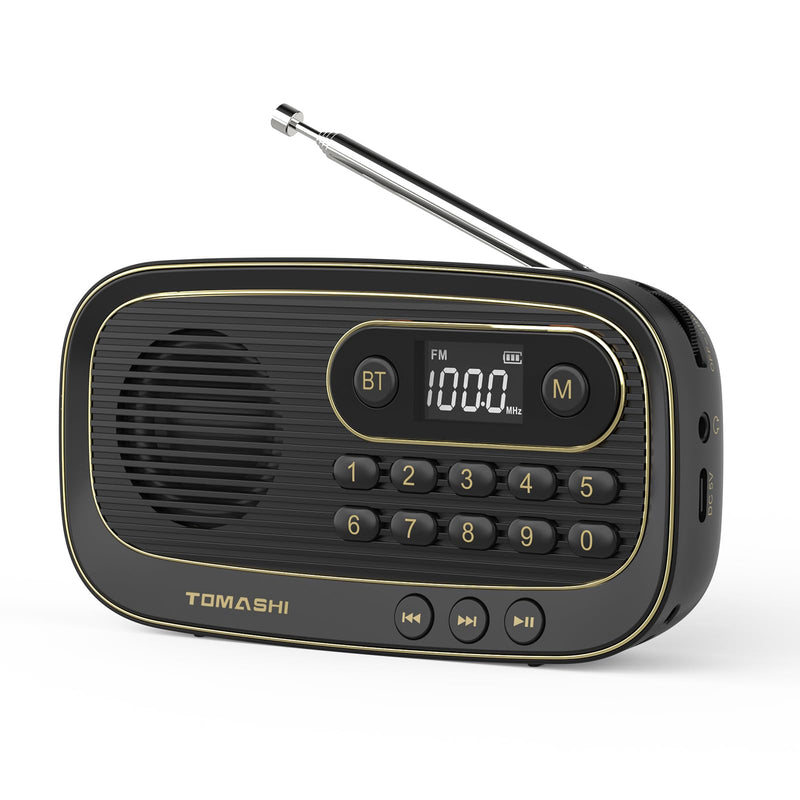 TOMASHI Portable FM Radio, Bluetooth Speaker Radio, Rechargeable Auto Scan | Preset stations, LCD display and Micro SD MP3 player. Compact radio with earphone jack for home, travel and outdoor use.