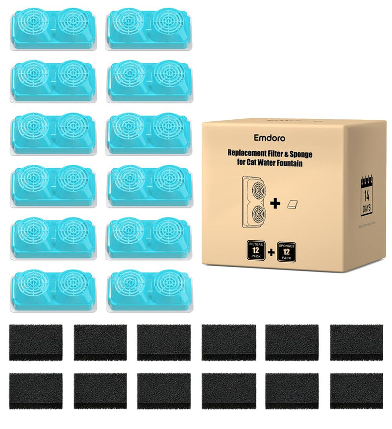 12 Pack of Official Replacement Filters and Sponges (6 Months Set) for Emdoro Stainless Steel Pet Water Fountain 12 Filters + 12 Sponges