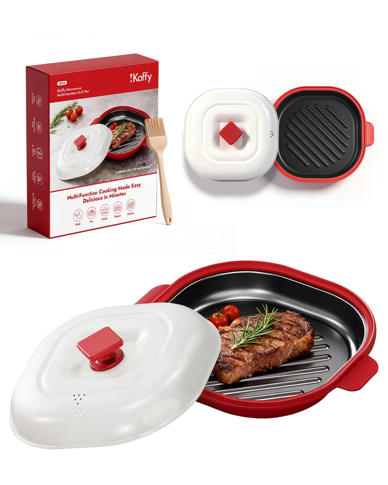 Microwave Grill Pan - Get Real Grill Marks in 5 Minutes, Multi-Cooker (Bake/Fry/Steam) for Steak, Bacon & Veggies. Nonstick, Dishwasher Safe for RV/Dorm/Office Use, Includes Brush