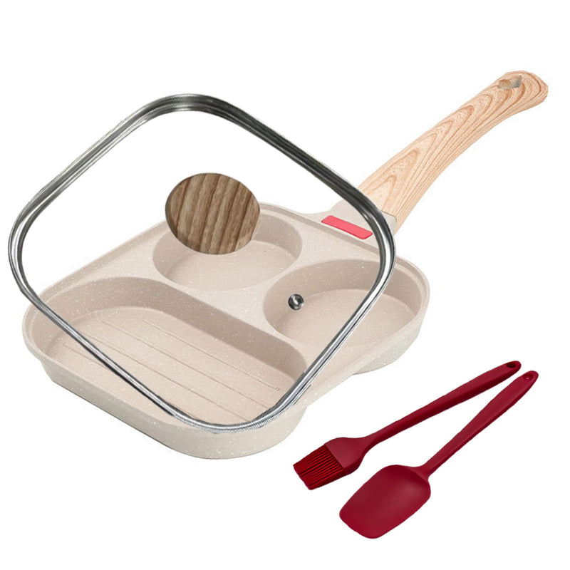 Egg Frying Pan 3-In-1 Divided Nonstick Egg Pan with Lid Breakfast Grill Pan Skillet Compatible with Gas Stove & Induction Cooktops (White, Upgraded Lid) White