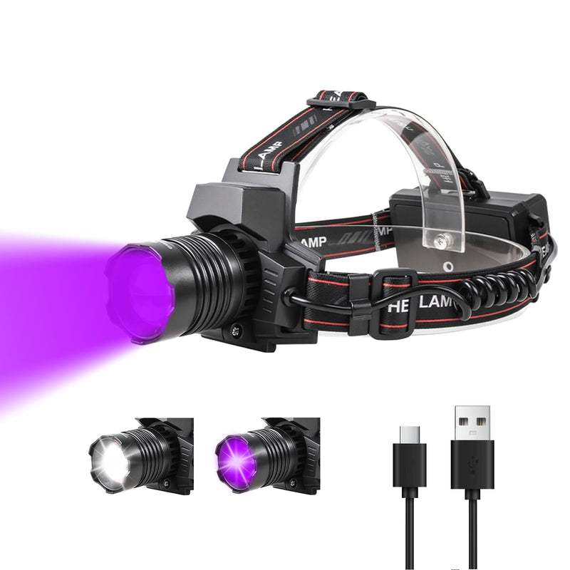 Black Light Headlamp Rechargeable, Super Bright Headlamp with White and UV Light, 4 Modes UV Hands-Free Head Flashlight for Adults, Camping, Fishing, Fluorescent, Scorpions White+UV