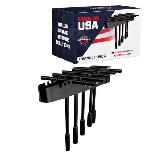 Pit Posse PP272BK T Handle Rack Holder Tool Box Mount Aluminum Organizer - Made in USA - Enclosed Trailer, Garage, Automotive Shop - Holds 9 T-Handle Wrenches Wall Mounted or Hangs on Toolbox (Black)