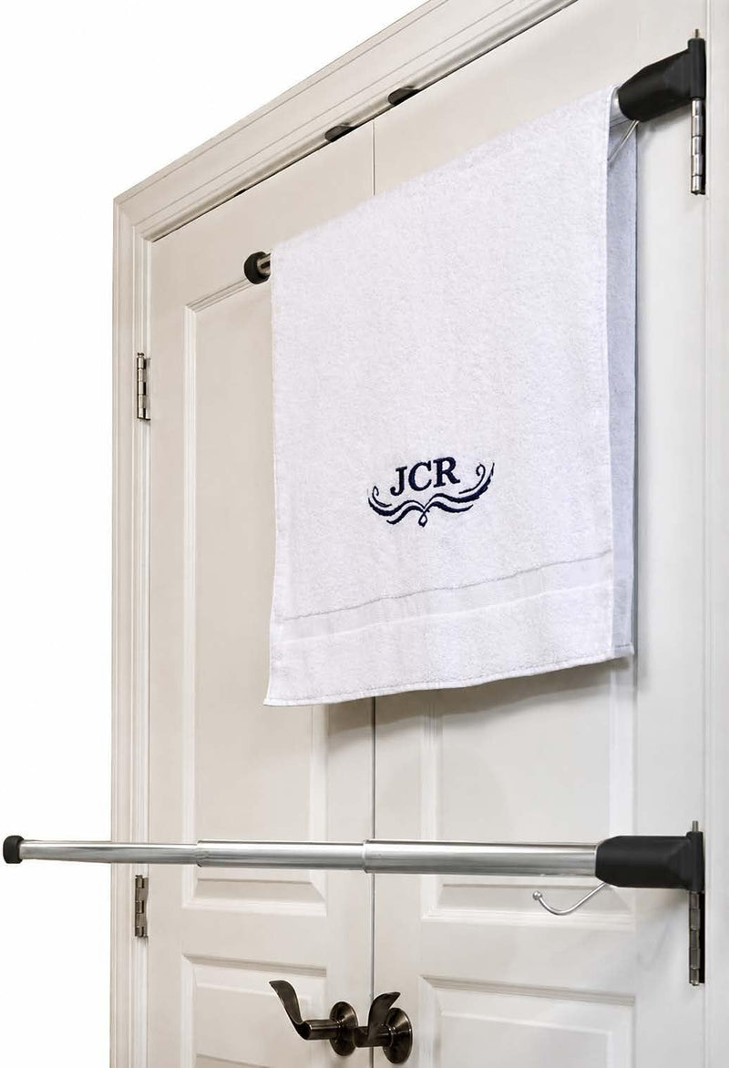 Door Towel Rack – No-Drill Hinge-Mounted Towel Bar for Bathroom or Bedroom Doors, No Assembly, Works with Standard Interior Doors, Space-Saving Telescoping Design (Black/White) (White) White