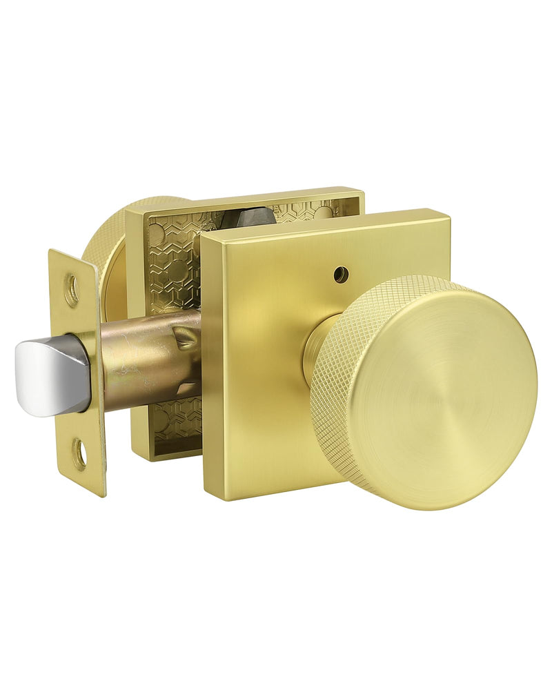 Probrico Privacy Door Knobs,Brushed Gold Interior Door Knobs with Square Rosette,Gold Keyless Bed and Bathroom Round Antique Door Knob with Lock 1Pack 1