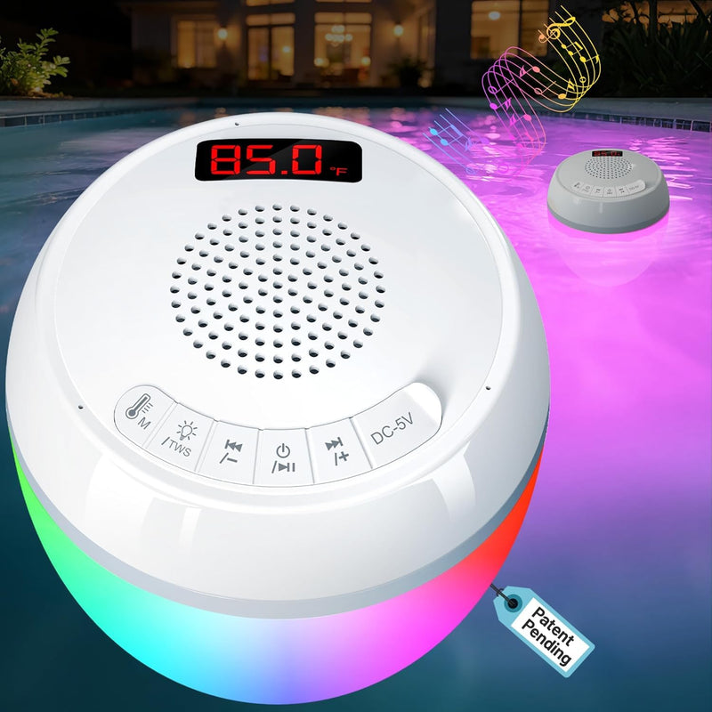 AearKing 3in1 Floating Pool Speaker with Digital Pool Thermometer & Lights | RGB Lights, TWS, IP68 Waterproof, Bluetooth 5.0, 360° Surround Sound, LCD Temperature Display, ABS,USB Charging White