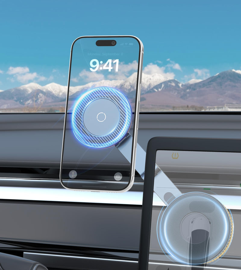 All-metal Magnetic Car Mount for Tesla,Strong Magnet &Foldable Phone Holder | 360°Adjustable Car Accessories for Tesla Model 3 and Y，Phone Mount Compatible with iPhone 17 16 15 Pro Max 001