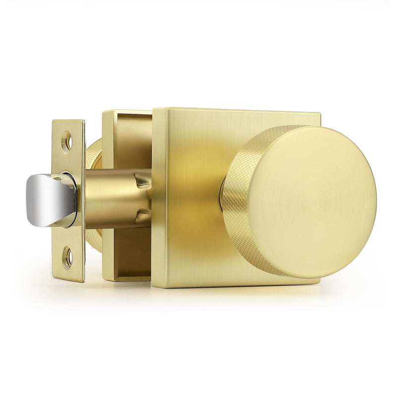 Probrico Gold Door Knobs Interior, Brushed Brass Passage Door Knob for Hallway Closet, Square Closet Door Knob with Round Knob, 1 Pack Brushed Gold