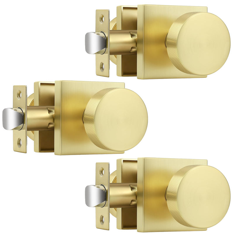 Probrico Gold Door Knobs Interior, Brushed Brass Passage Door Knob for Hallway Closet, Square Closet Door Knob with Round Knob, 3 Pack Brushed Gold