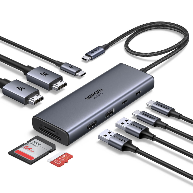 UGREEN USB C Docking Station Dual Monitor, 9-in-1 Aluminum Dock with 2xHDMI | Dual 4K@60Hz, 5Gbps USB-A&C Data Port, 100W PD, SD/TF 170MB/s, Revodok Pro Laptop USB-C Dock for HP, Thinkpad, Dell and More