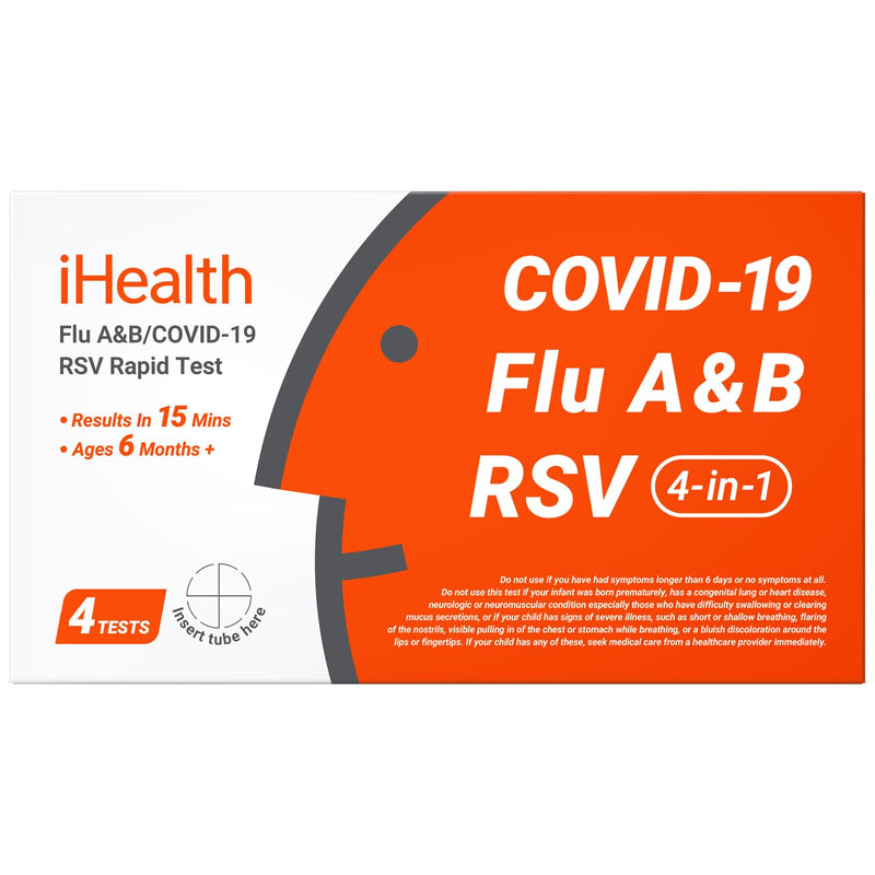 iHealth Flu A/B, COVID-19 & RSV 4-in-1 Antigen Rapid Test, Results in 15 Minutes, FDA Authorized OTC Home Test, Non-Invasive Nasal Swab, Easy to Use & No Discomfort (1 Pack, 4 Tests Total) 1 Pack, 4 Tests