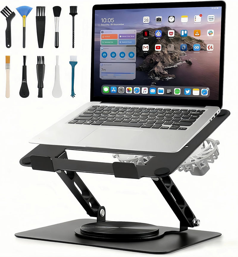 Laptop Cooling Stand with 2 Detachable Fans, 360° Rotating Adjustable Laptop Stand, Carbon Steel Ergonomic Laptop Riser, Anti-Slip Base for 10-17.3" Notebook MacBook, Office Home Gaming Black