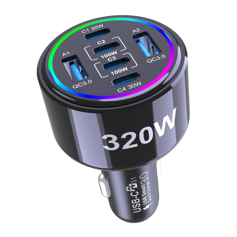 320W USB C Car Charger, 6 Ports Type C Car Charger | PD3.0/QC4.0/PPS Super Fast Charging for iPhone 17/16/15 Series, Galaxy S25/S24/23, iPad, MacBook Pro/Air, Laptop (Black) Black