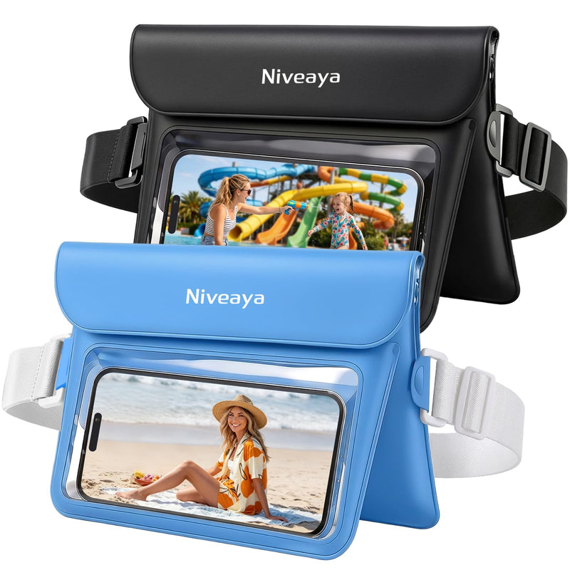 Niveaya Double Space Waterproof Fanny Pack, IPX8 Waterproof Dry Bag Waist Pouch for Beach, Kayaking, Swimming, Boat Travel Essentials, Waterproof Phone Bag & Passport Holder for Women Men(2 Pack) Black+Blue
