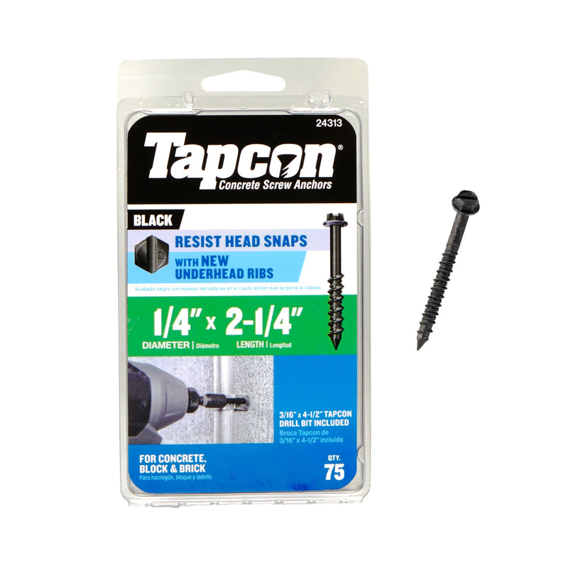 Tapcon 1/4 x 2-1/4 Inch Black Hex Head Concrete Anchors,75 PCS, Corrosion Resistant Climaseal™ Coating, Heavy-Duty Concrete and Masonry Screws, Superior Holding Strength, Drill Bit Included 1/4" x 2-1/4" Black-Hex Head 75