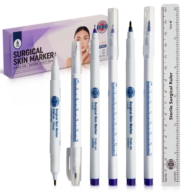 Arrigo Sterile Surgical Skin Markers – Box of 6 Individually Wrapped Violet Purple Skin Pens for Clinical Use – Single & Dual-Tip – Precise 0.5mm & 1mm – Water & Sweat-Resistant – Rulers Included 6-Pack Violet Purple Ink, Single & Dual-Tip (0.5mm & 1mm)