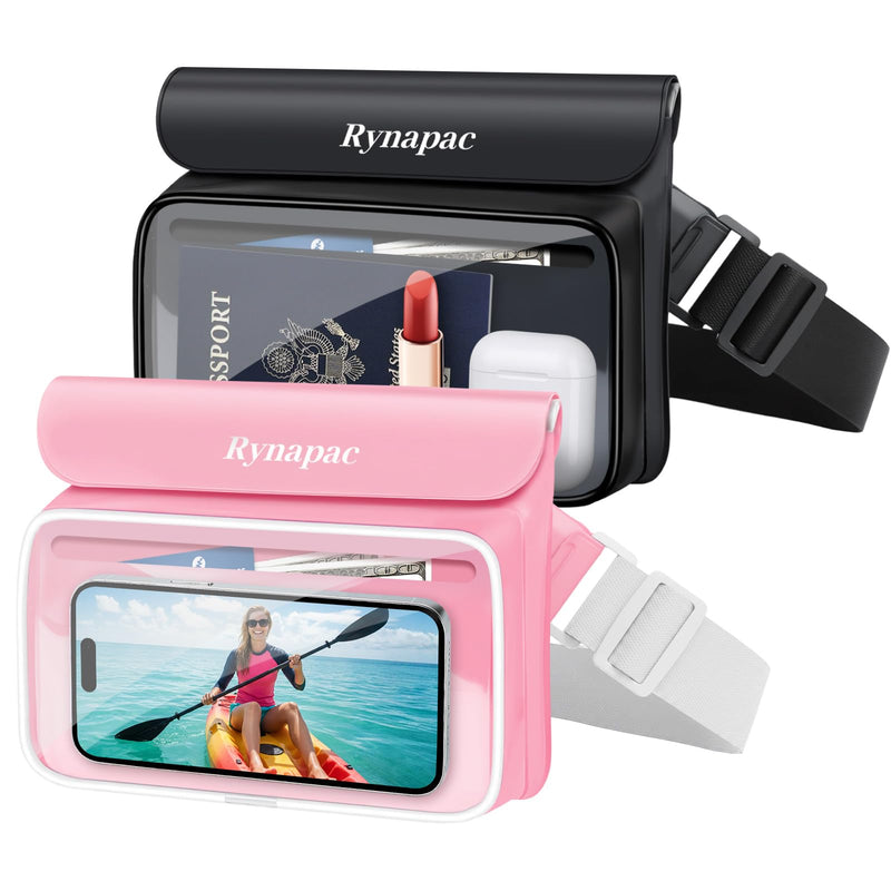 IPX8 Waterproof Fanny Pack, [Up to 8.5"] Waist Bag for Women, Floating Phone Pouch Dry Bag for iPhone 17 16 15 Pro Max, Passport, Wallet, Card, Travel Beach Kayaking Boating Essentials, 2 Pack Black + Pink