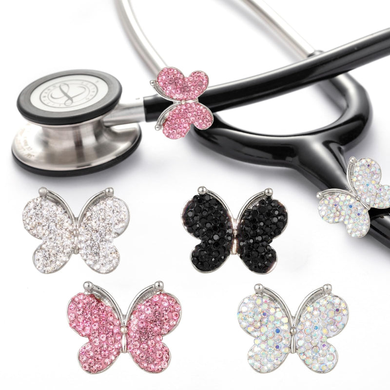 4 Pack Bling Butterfly Stethoscope Charms Diamond Stethoscope Name Tag Charm for Littmann,Nurses,Veterinary(White+Pink+Ab+Black) whtie+pink+ab+black