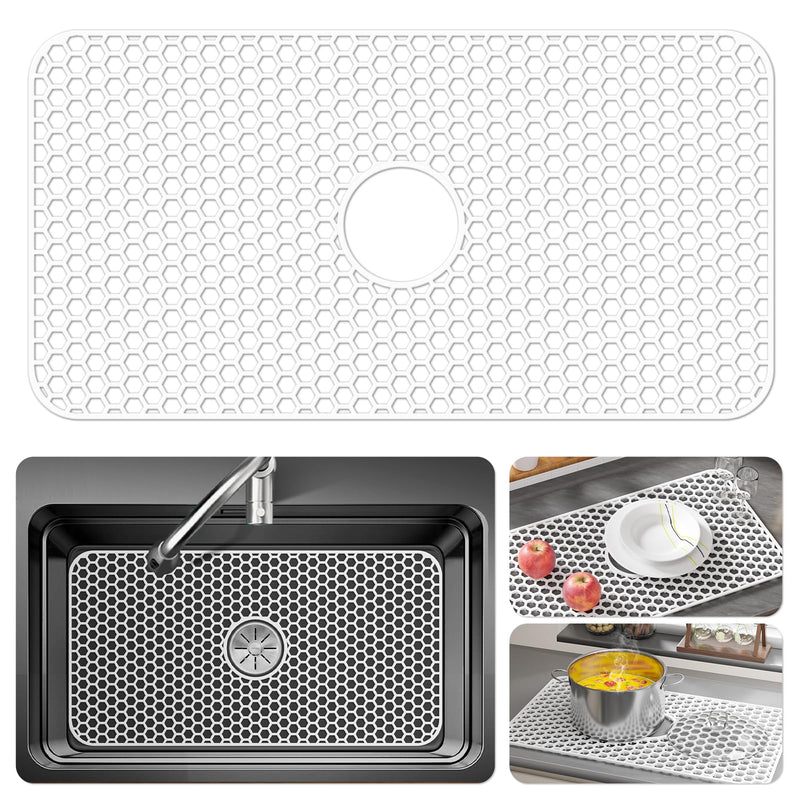 Bestjing Silicone Sink Protectors for Kitchen Sink -12" 13" 16" 18" 24" 26" 28" 30", Non-Slip Heat Resistant Mat for Bottom of Farmhouse Porcelain Stainless Steel (30"x 16" Center Drain, White) 30" x 16" Center Drain White(1 Pack)