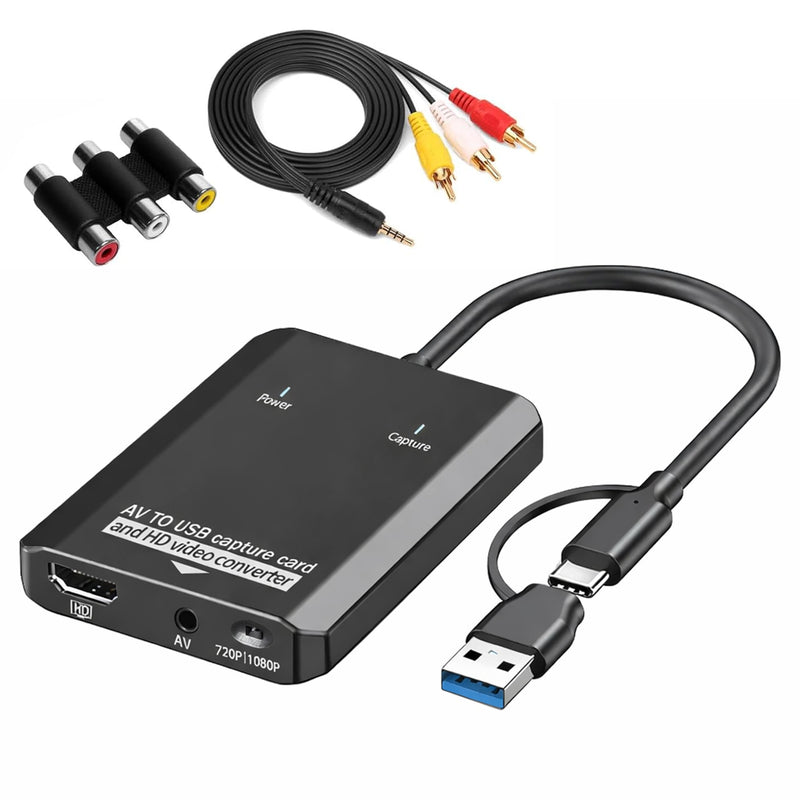VHS to Digital Converter, 2-in-1 RCA to HDMI & USB Video Capture Card, Analog AV to HDMI Display & USB Recording for AV RCA VCR Hi8 DVD Camcorders and More