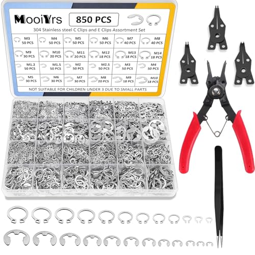 850Pcs C clip External Retaining Rings Snap Rings Assortment(M3-M14) and E clip Assortment Set(M1.2-M10),5Pcs Snap Ring Plier,Tweezer,24 Sizes 304 Stainless Steel Circlip Retaining Clip Stainless Steel 850PCS