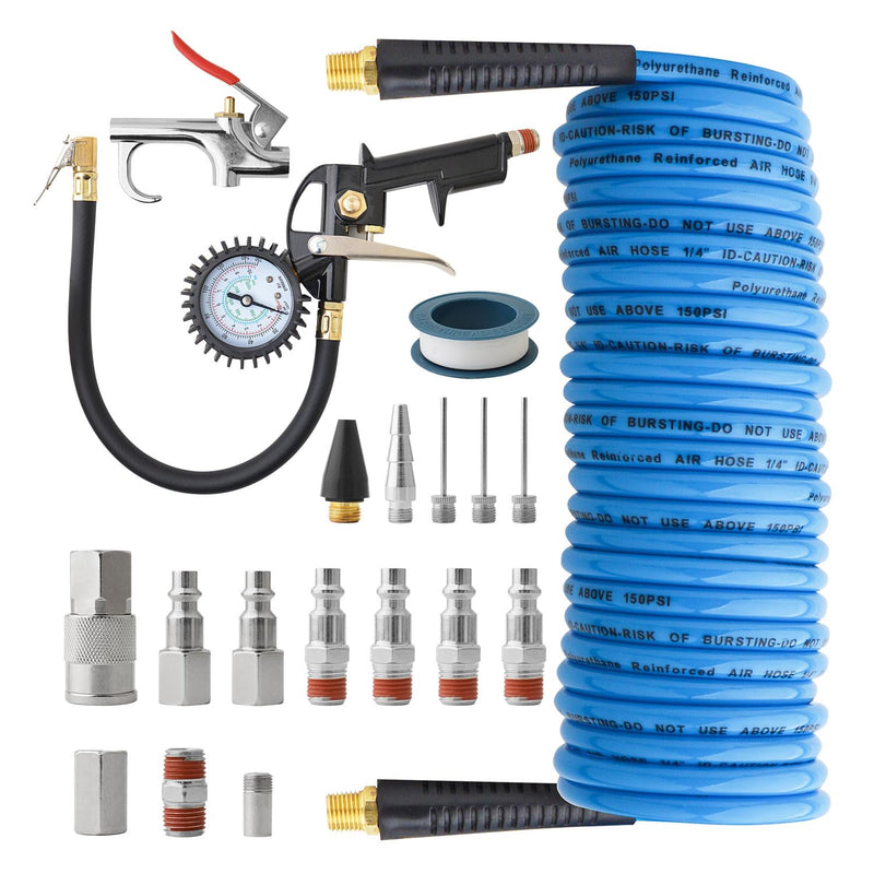 Gunpla 19 Pieces Air Compressor Accessories kit, Heavy Duty Air Blow Gun Air Hose Fittings and 150 PSI Tire Inflator Gauge, 1/4 in x 25 ft Recoil Poly Air Compressor Hose Kit