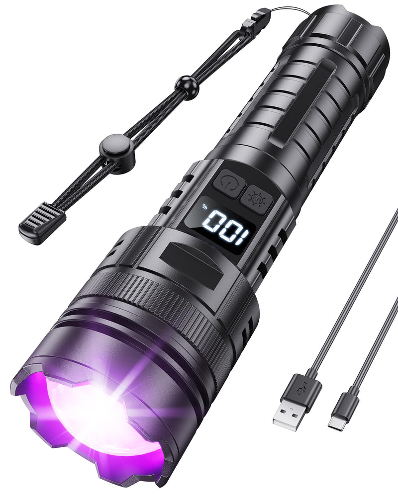 Flashlight Rechargeable with UV Light and White Light, 365NM Blacklight and High lumens White Light with LCD Display, Zoomable 6 Modes for Memory Function, for Pet Urine Detection, Camping, Emergency