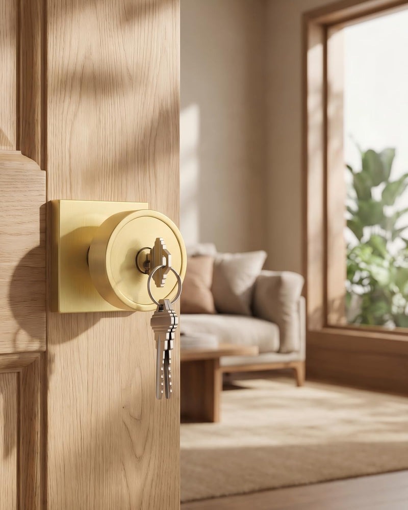 Goldenwarm Gold Entry Door Knob with Lock and Key, Zinc Alloy Brushed Gold Exterior Door Knobs for Front Door, 1 Pack