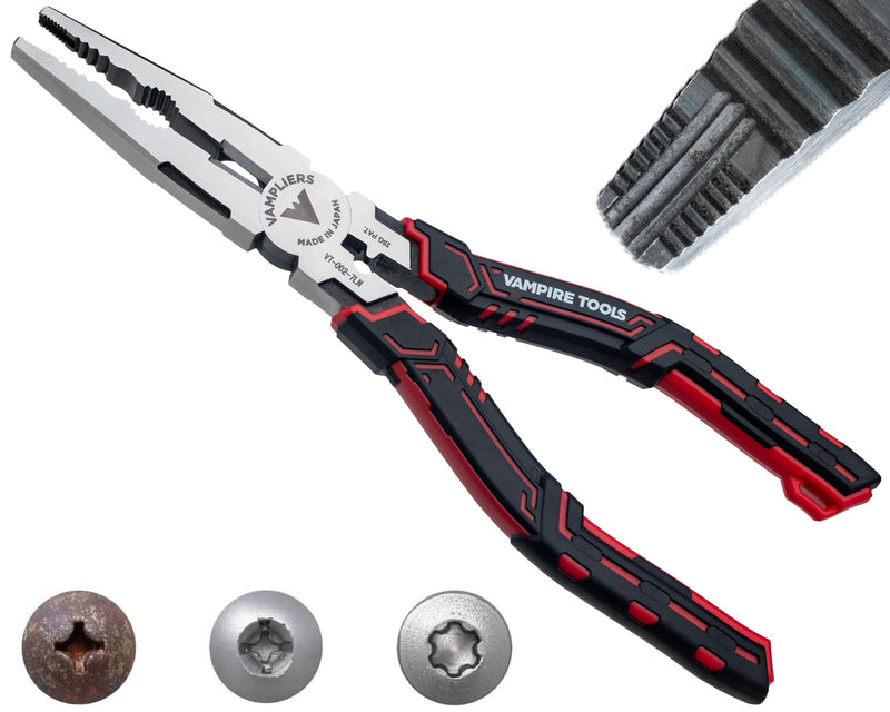 VAMPLIERS CAIMAN 7.5" Stripped Screw Extractor Needle Nose Pliers. Made in Japan. Multipurpose Long Nose Screw Removal Plier with Wire Cutter & Crimper NEW 7.5" Long Nose Plier