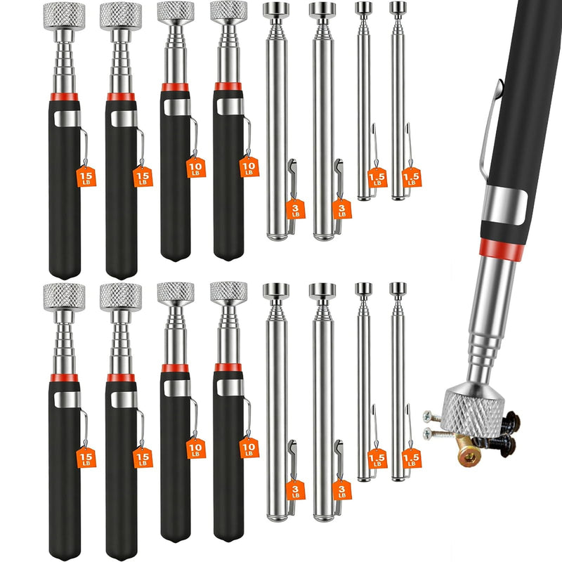 16Pcs Telescoping Magnetic Pickup Tool Set, 1.5/3/10/15 LB Extendable Magnet Stick to 30.6 in - Grab Screws Bolts Nails in Tight Spots, Stainless Steel Grabber Retrieval Tool for Mechanics & Sewing 16