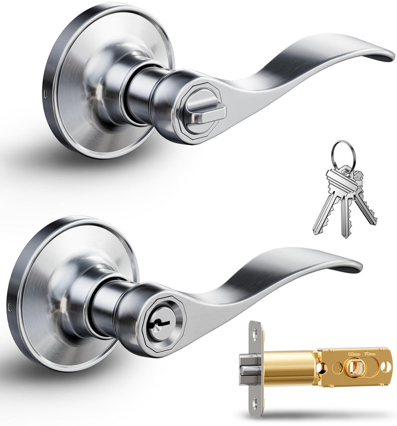 Veise Keyed Entry Door Lever, Wave Handle Lock for Exterior & Interior Door, Door Knobs with Lock and Key, Rust-Proof Bedroom Door Lock, Zinc Alloy Right Left Handed, Satin Nickel 1