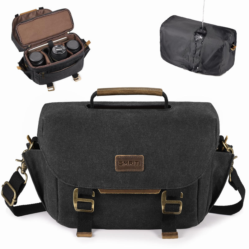 SMRITI Canvas DSLR Camera Bag Crossbody, Waterproof Messenger Camera Sling Bag for Photographers, Small Camera Bag with Rain Cover, Travel Shoulder Camera Case for Cannon Nikon Sony (Black) Black