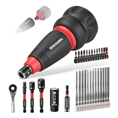 Geinxurn 33Pieces Impact Magnetic Screwdriver Set Include Stubby 2in1 Rachet Screwdriver Handle, Mini Ratchet Socket Wrench, Universal Socket,Bit Holder and Square Adapter for Repair & Outdoor Work 33pcs