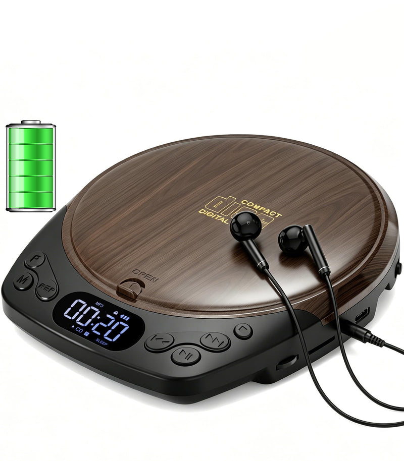 Gracioso Rechargeable Portable CD Player with Headphones for Car & Home | CD/MP3/Micro SD/AUX Out Supported, Retro CD Player, 60s Anti-Skip, Lock/Programmable/Timer, No Built-in Speakers (Walnut Walnut CD Player with 1200mAh Rechargeable Battery