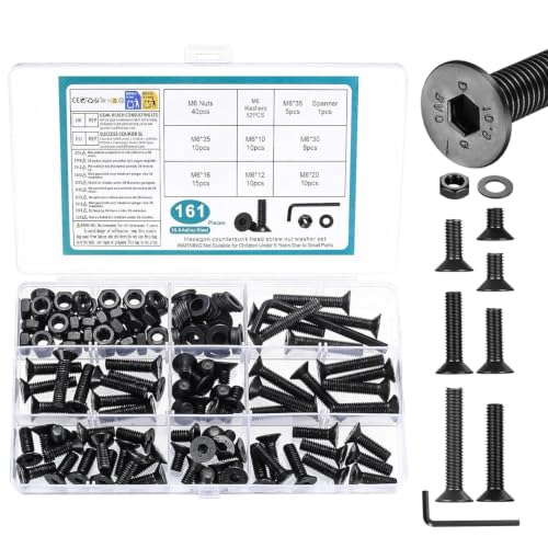 161 PCS M6 Countersunk Bolt Kit, M6 Flat Head Machine Screws Assortment 161