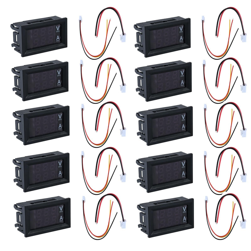 10 Pack 0.28 Inch Digital Voltmeter Ammeter DC 100V 10A Red and Blue Dual LED Display Panel with Connect Wires 2 in 1 Volt Amp Voltage Current Meter Tester for EV Cars Boats and Electronic Circuits