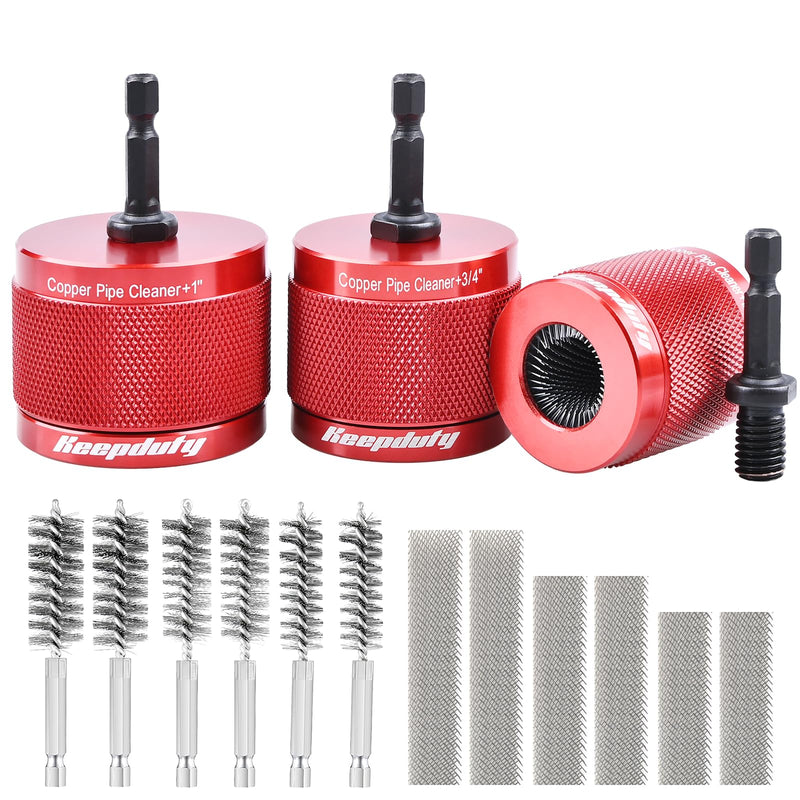 1/2" & 3/4" & 1" Copper Pipe Cleaner for Drill, with 1/4" Hex Shank & 6 Brush Blades & 6 Pipe Cleaning Brushes, Plumbing Tools for Removing Rust, Stains & Paint on Copper & Metal Pipes (Red) 3Pcs-Aluminum Alloy