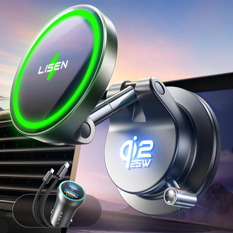 LISEN for Qi2.2 25W MagSafe Car Mount Charger,Magnetic Wireless Car Charger | [With 54W Adapter] Vacuum Suction Car Phone Mount, 360° Magnetic Wireless Phone Holders for Your Car, Only for iPhone 17-12 Black