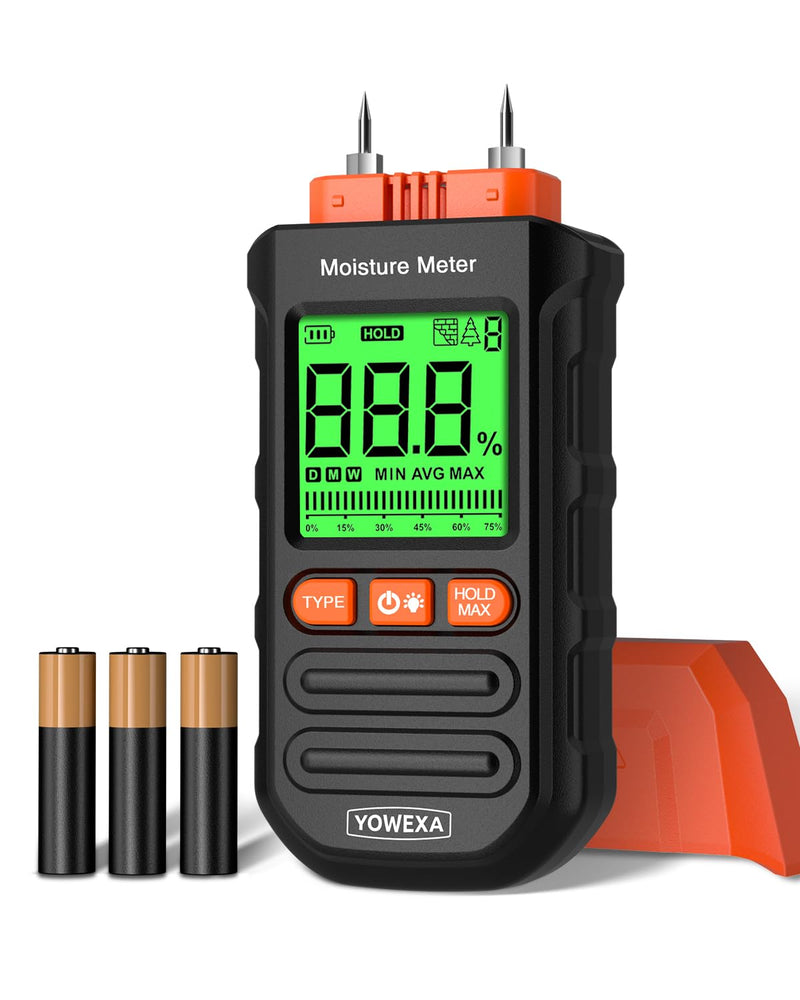 Pin-Type Wood Moisture Meter for Hardwood & Softwood | 7 Material Modes, Backlit LCD, Max/Min/Avg & Data Hold for Firewood, Lumber, Drywall & Selected Wall Materials