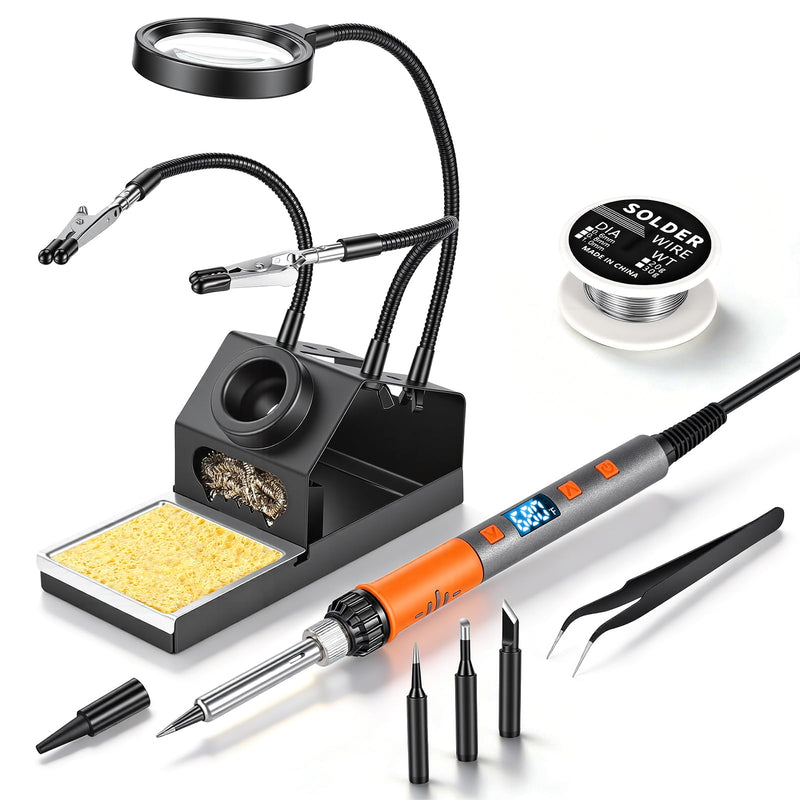 Soldering Iron Kit, 100W High Power LCD Digital Solder Iron Pen, Fast Heating Soldering Tool with Magnifying Glass and Helping Hands, Iron Tips, Solder Wire, Tweezer, Automatic Sleep Mode Orange