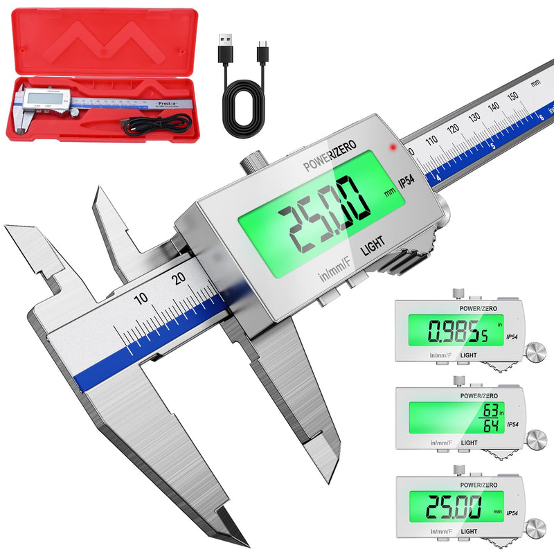 Preciva Backlight Digital Caliper, 6 Inch Rechargeable Electronic Micrometer with IP54 Waterproof and Large LCD Screen Conversions for in/MM/F Precision Measuring Tool for DIY/Professional Use