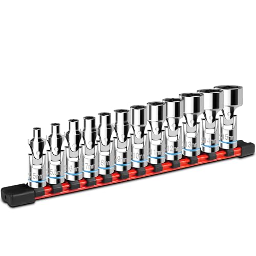 ZHAX 12-Piece 1/4” Drive Universal Flex Socket Set, 6-Point Metric (5-15mm) Swivel Joint With CR-V Steel for Tight Spaces