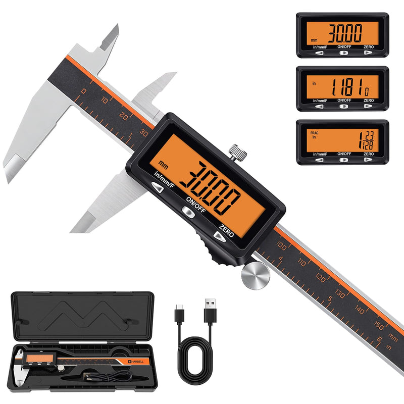 HARDELL Digital Caliper, 6" Rechargeable Caliper Measuring Tool with Large Orange Screen (Non-Backlit), Stainless Steel Digital Micrometer with Auto-Off, Inch/MM/Fraction for DIY/Household/3D-Printing | Precise Measurements, Digital Display 6 Inch