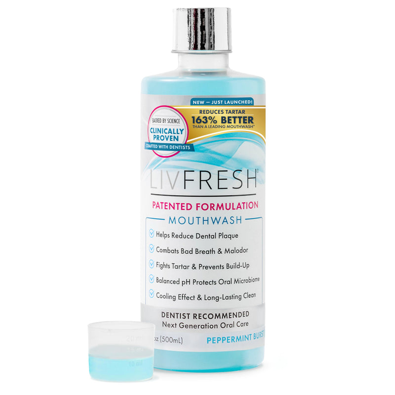 LIVFRESH Mouthwash, Clinically Proven, 163% Better Tartar Control, 114% Better Gum Health, 72% Better Plaque Reduction, 38% Better at Eliminating Bad Breath, Peppermint Burst, 16.9 fl oz