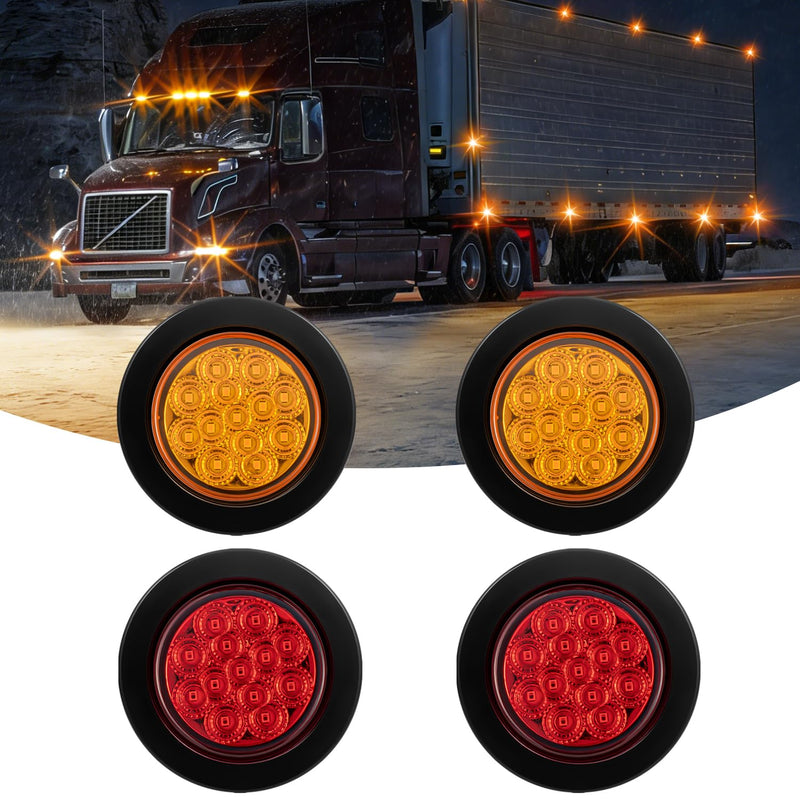 FXC 4Pack 2.5 Inch Round Truck Trailer 13 LED Side Marker Clearance Lights with Reflectors Waterproof 12V Side Fender Marker Light with Grommets and Wire Pigtail (Amber Red) Amber Red