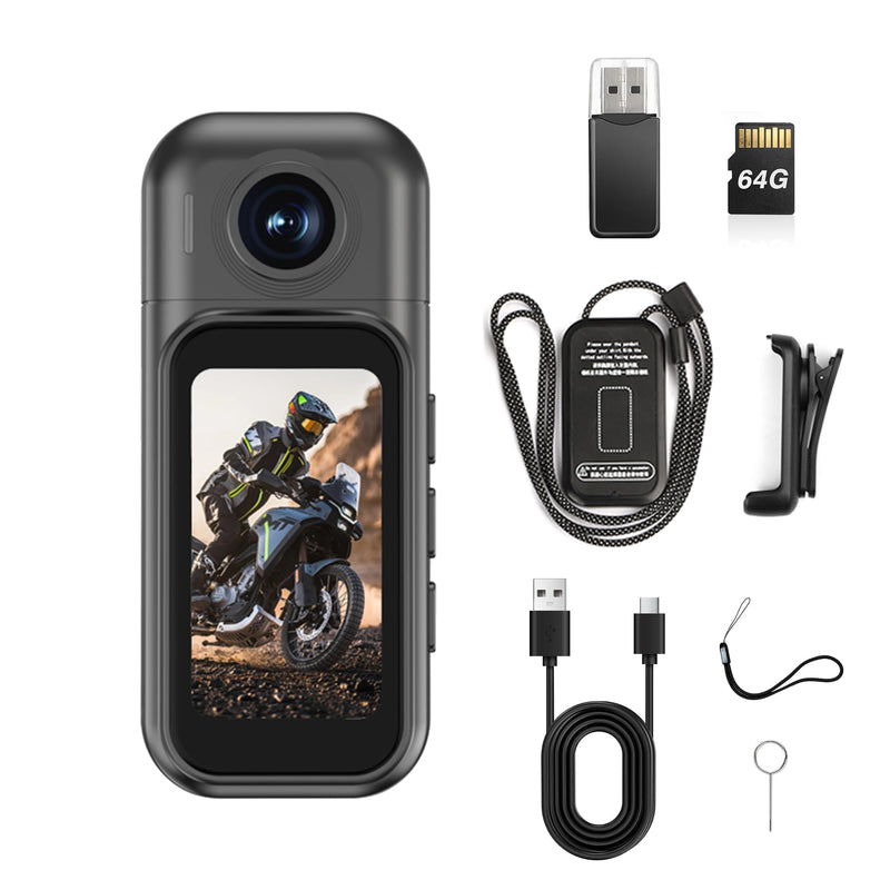 1080p Mini Body Camera with 64GB Card, 1.47" Touchscreen Wearable Thumb Camera, Magnetic Mount & 180° Rotating Lens for Vlogging Travel Sports Security
