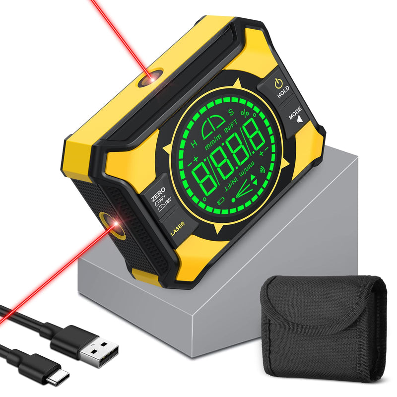 Magnetic Digital Angle Gauge with Dual Laser (Level Class 2, Output<5mW), Type-C Rechargeable 3-in-1 LED Digital Angle Finder ±0.1° High Accuracy for Woodworking, Framing, Tile & Picture Hanging