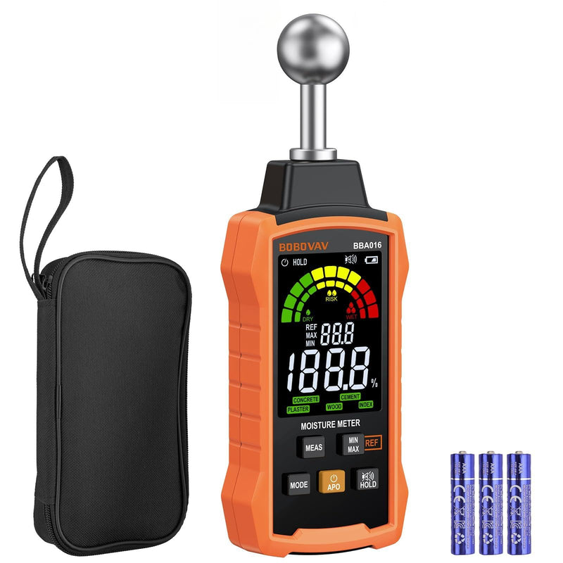 Moisture Meter with Ball Probe, 5–40mm Detection, 5 Modes, 3-Color Display with Sound Alarm, REF Function & Data Hold – Pinless Moisture Meter for Wood, Walls, Floors, Concrete & Cement