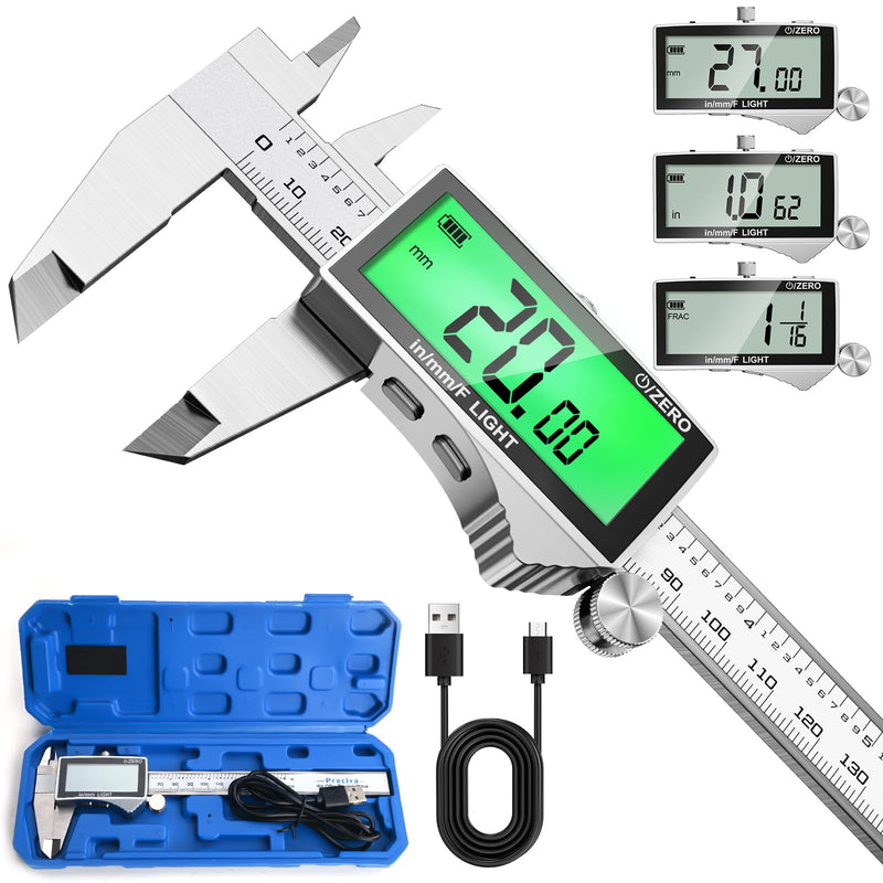 Rechargeable Digital Caliper 6 Inch, High-Precision Stainless Steel Vernier Caliper with Backlight, Support MM/in/F, Type-C Charging, LCD Screen Measuring Tool White